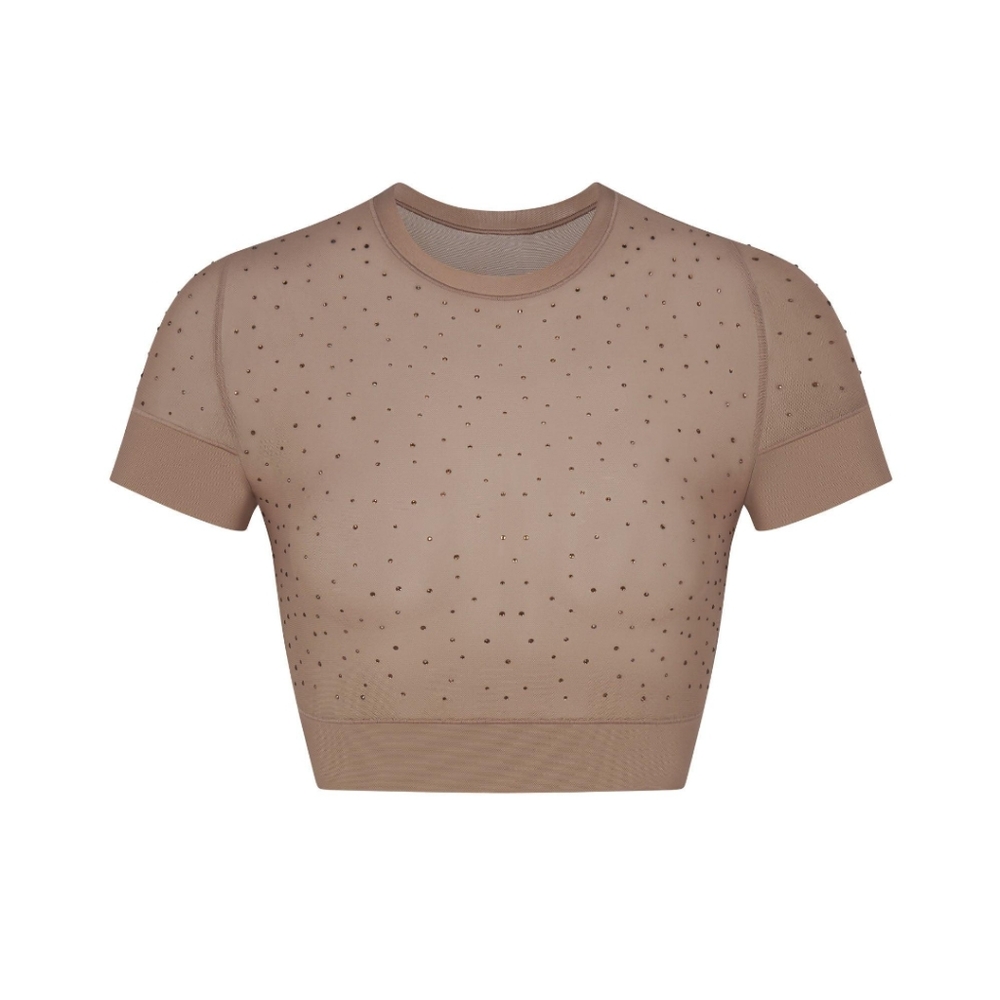 NWT SKIMS MESH RHINESTONE COVER UP T-SHIRT IN DESERT